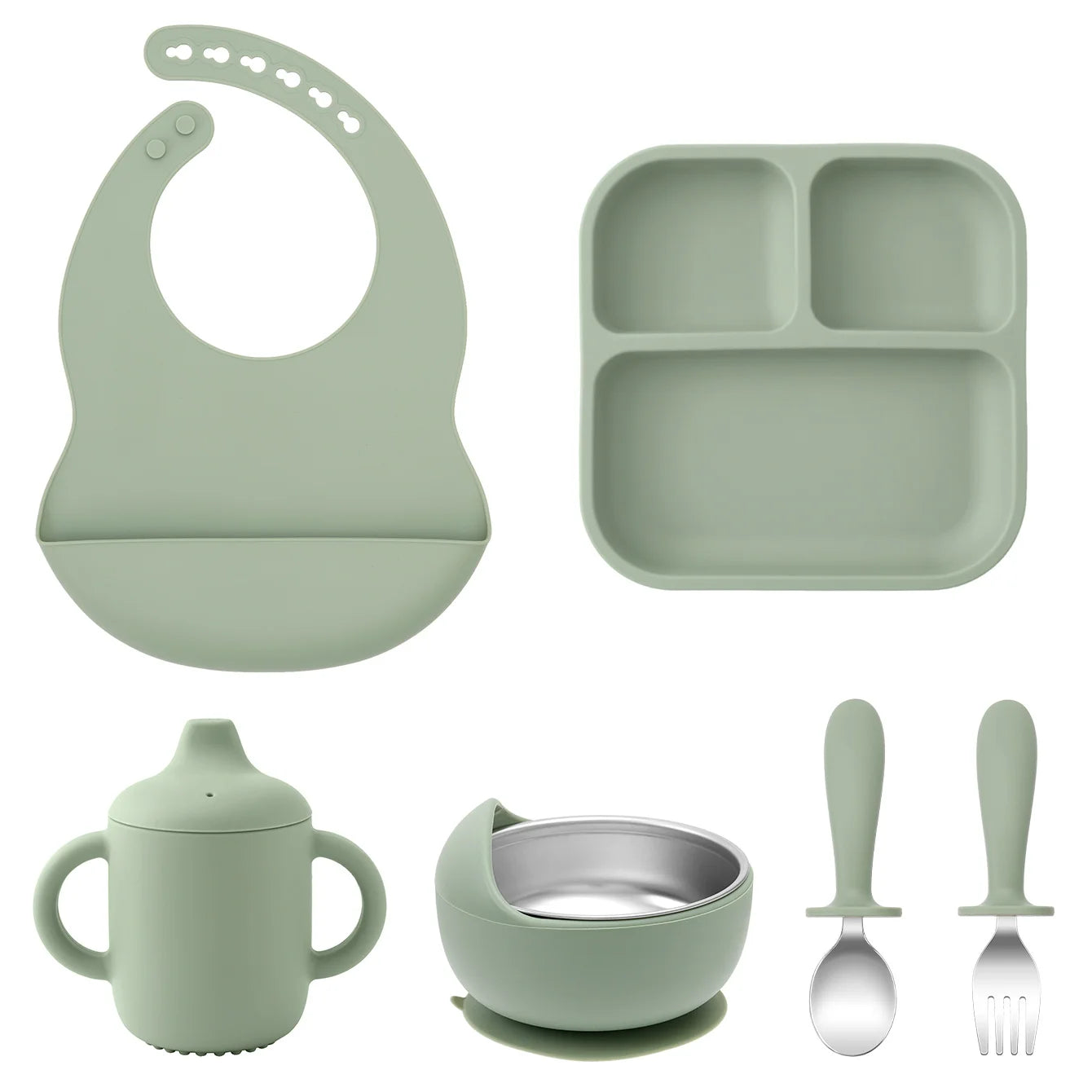 Kit Alimentação Infantil em Silicone – Prato com Ventosa, Copo com Canudo e Talheres Dobráveis para Bebês