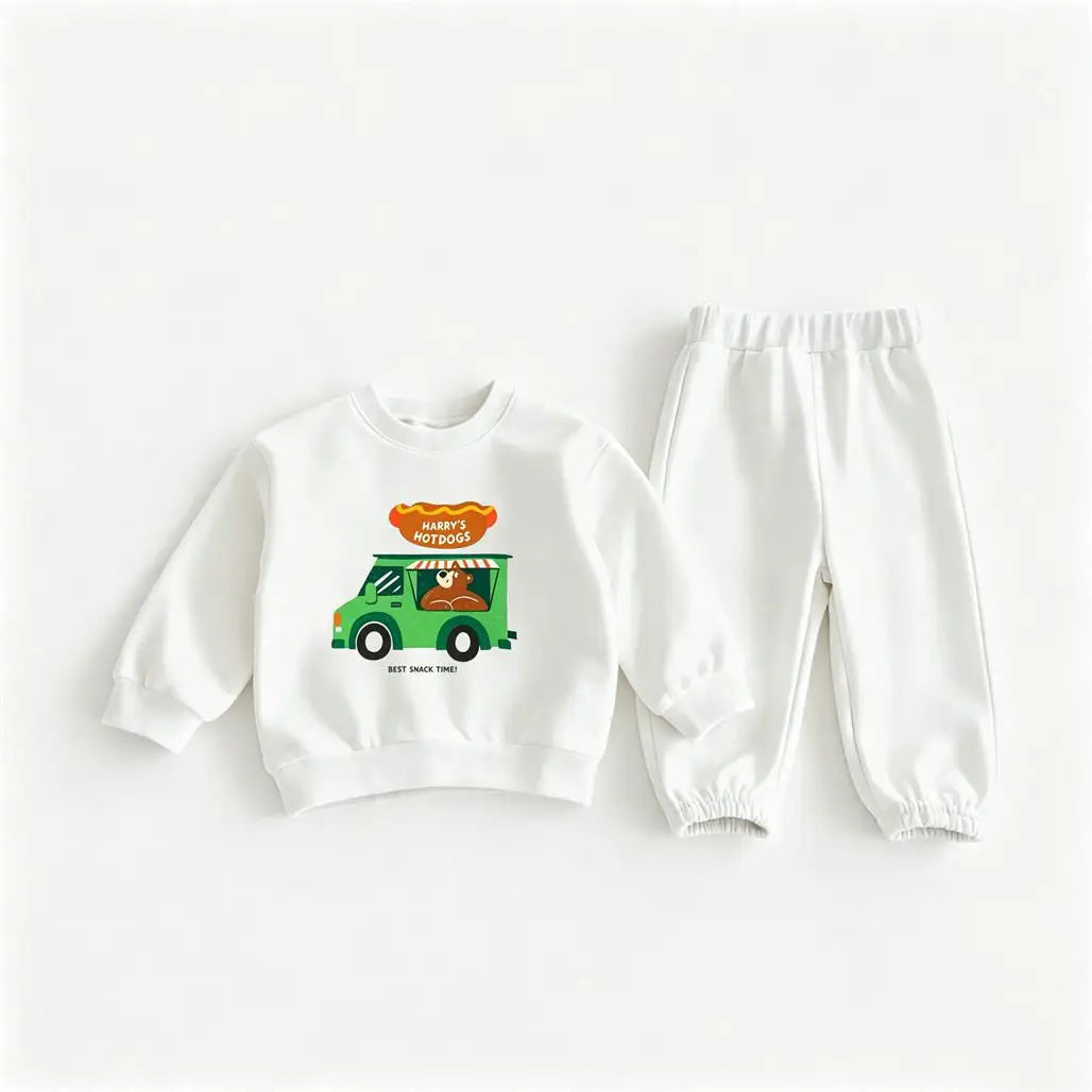 Conjunto Infantil Hoodie com Estampa de Desenho Animado – Moletom com Capuz e Calça para Meninos e Meninas