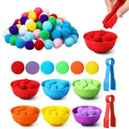 Pompons Cores do arco-íris Tigelas de plástico Pinças Habilidade motora fina. Crianças contando e organizando brinquedos. Brinquedos educativos para crianças.