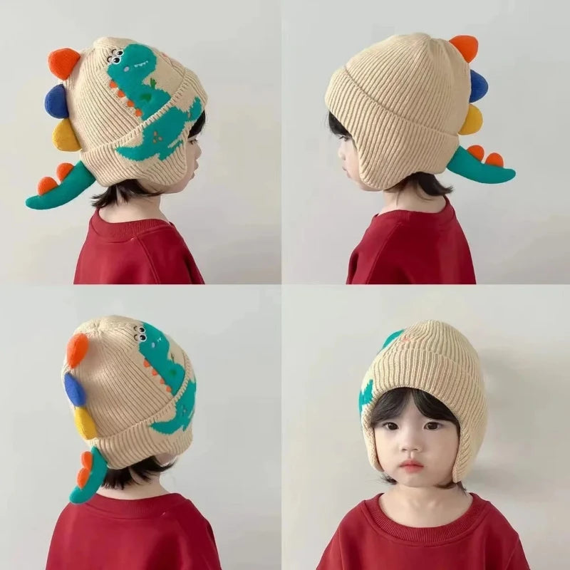 Touca de Tricô Infantil Dinossauro 3D com Protetores de Orelha