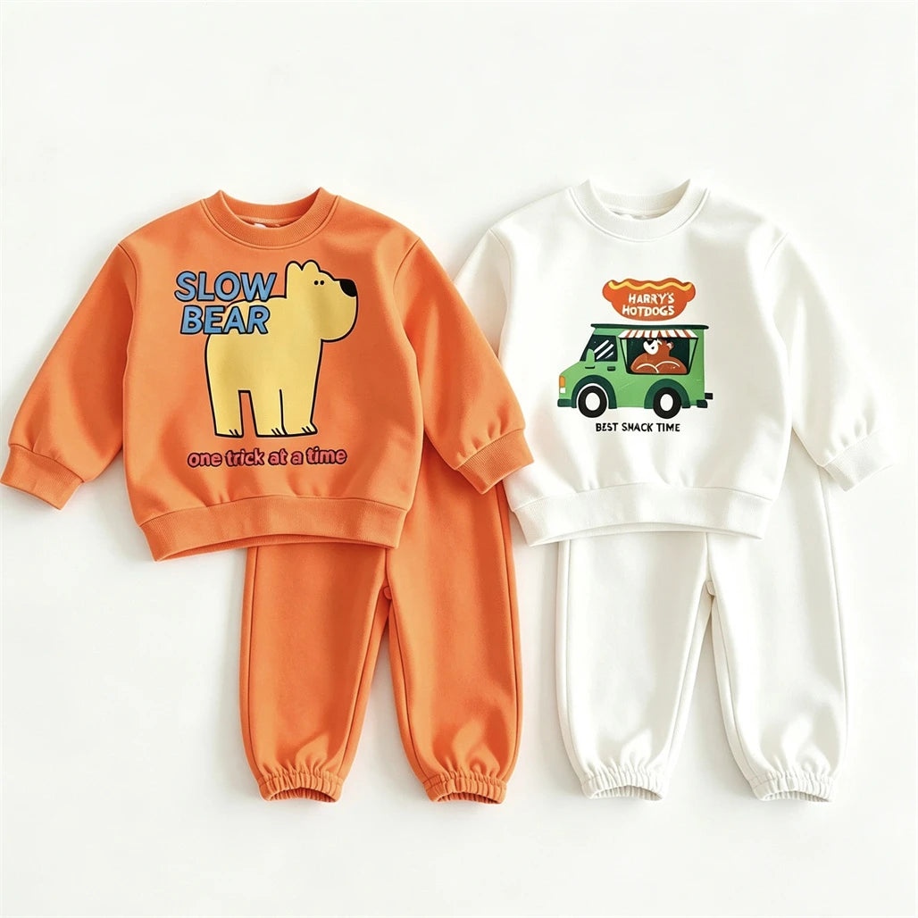 Conjunto Infantil de Moletom 2 Peças com Estampa de Desenho Animado – Blusa com Capuz (Hoodie) e Calça, Casual e Confortável para Crianças