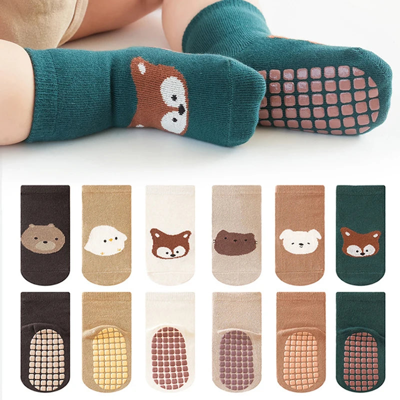 6 Pares de Meias de Bebê com Animais de Desenho Animado. Meias Antiderrapantes para Trampolim. Adequadas para Bebês quando estão aprendendo a andar.