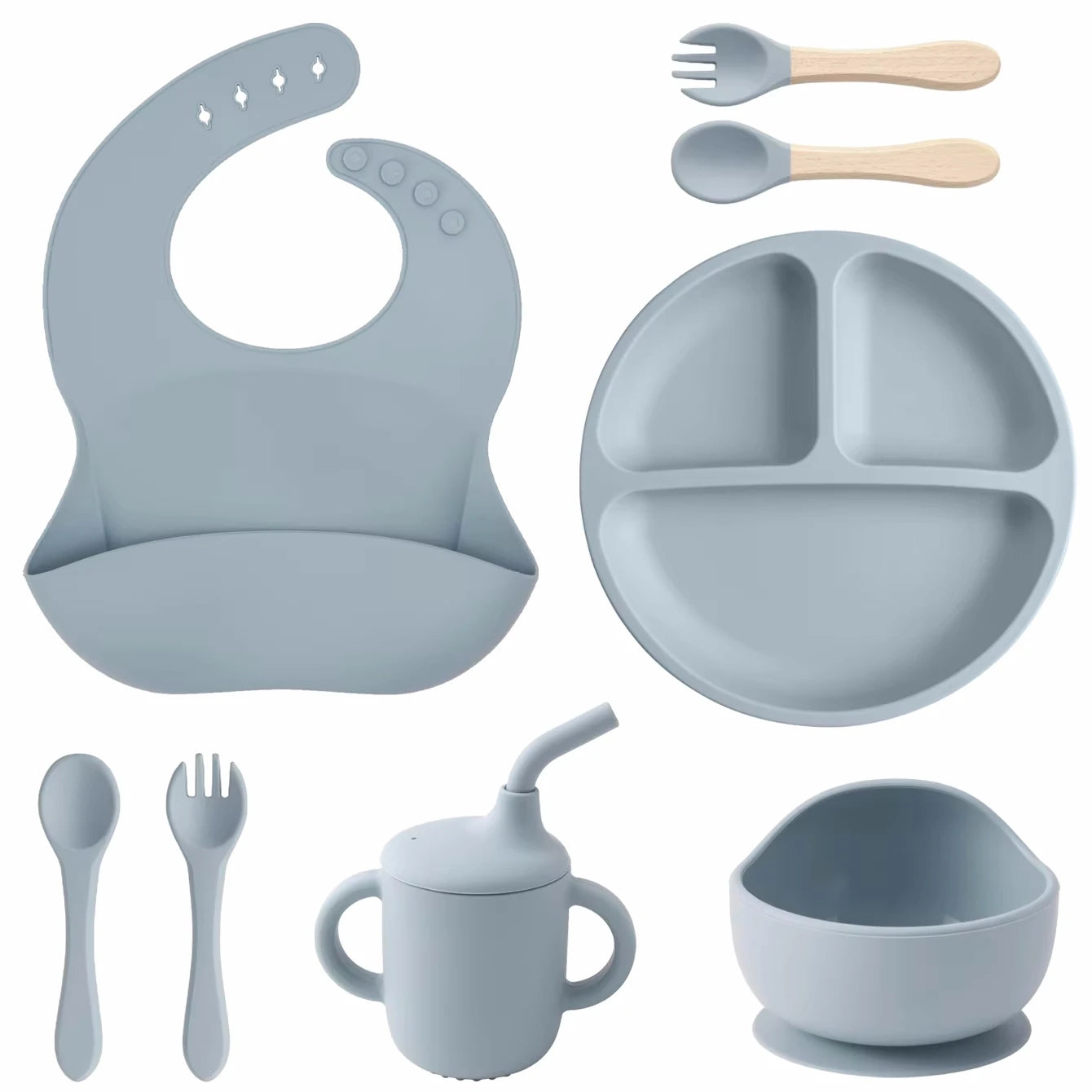 Kit Alimentação Infantil em Silicone – Prato com Ventosa, Copo com Canudo e Talheres Dobráveis para Bebês