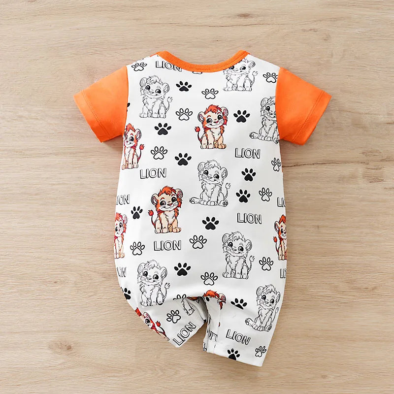 Macacão de bebê para meninos e meninas de 0-18 meses, manga curta, estampa fofa de leão. Com design simulando duas peças, roupas de bebê.