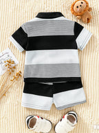 Conjunto Infantil Masculino Casual de Verão – Camiseta Listrada com Estampa de Urso e Shorts