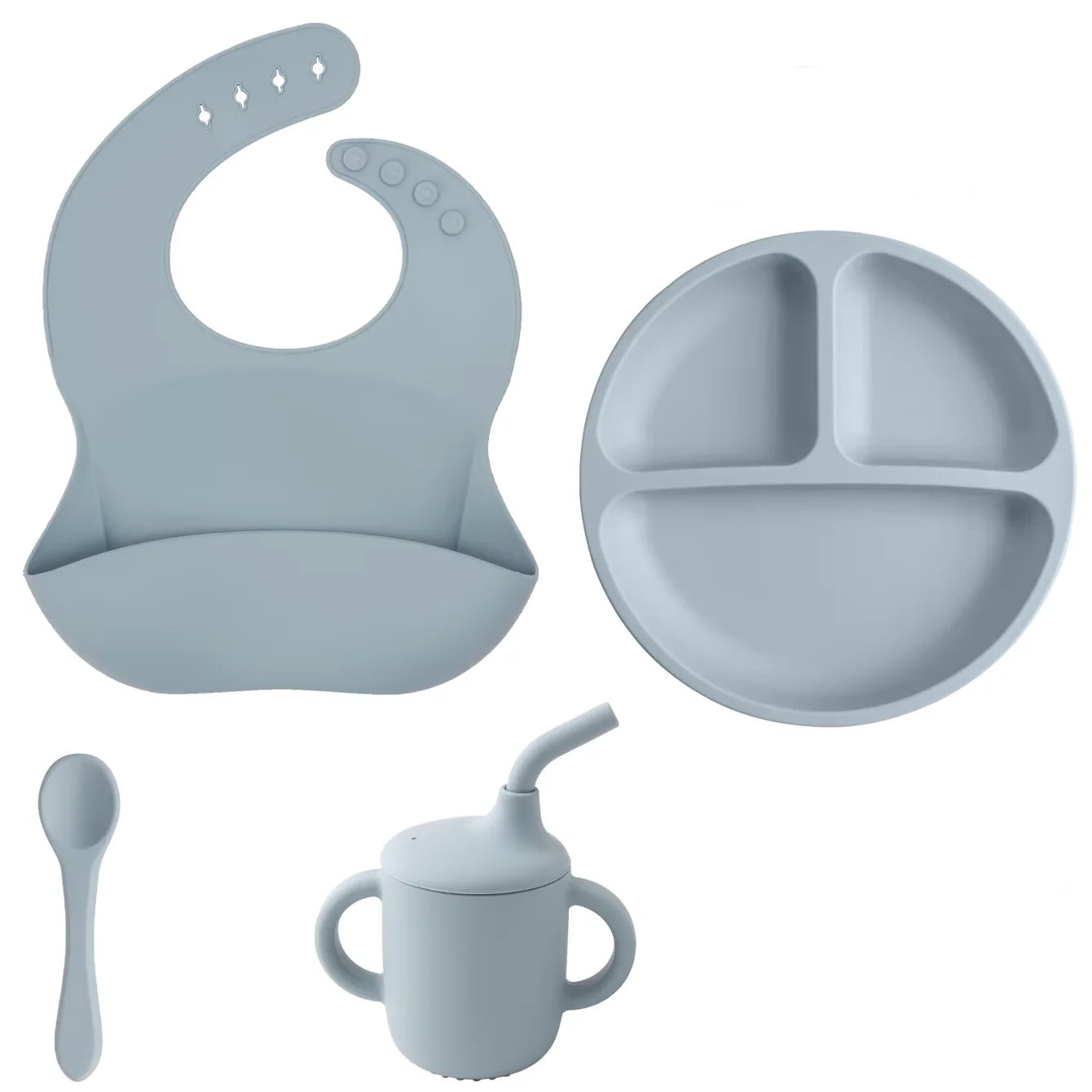 Kit Alimentação Infantil em Silicone – Prato com Ventosa, Copo com Canudo e Talheres Dobráveis para Bebês