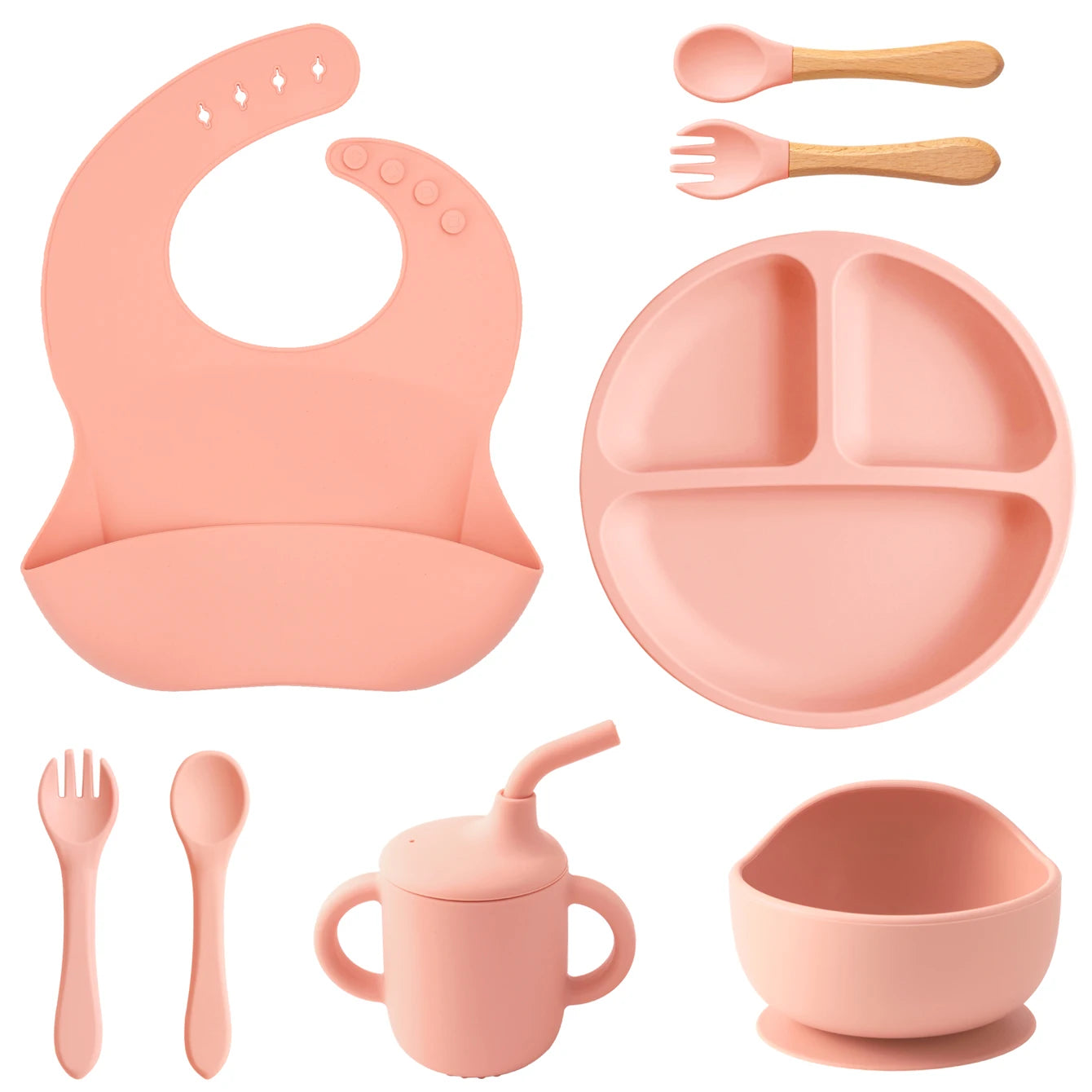 Kit Alimentação Infantil em Silicone – Prato com Ventosa, Copo com Canudo e Talheres Dobráveis para Bebês