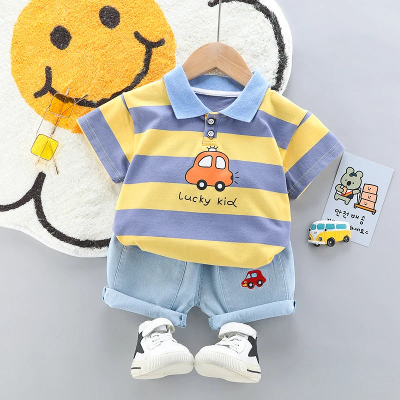 Conjunto Infantil Masculino Casual – Camisa Polo Elegante e Shorts Jeans para Meninos