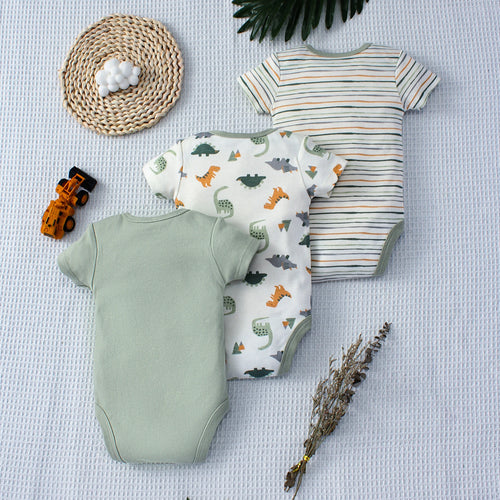 Conjunto Bodysuit de Verão para Bebê. Com Estampa de Dinossauro e Listras para Meninos de 0 a 9 Meses. 3 peças.