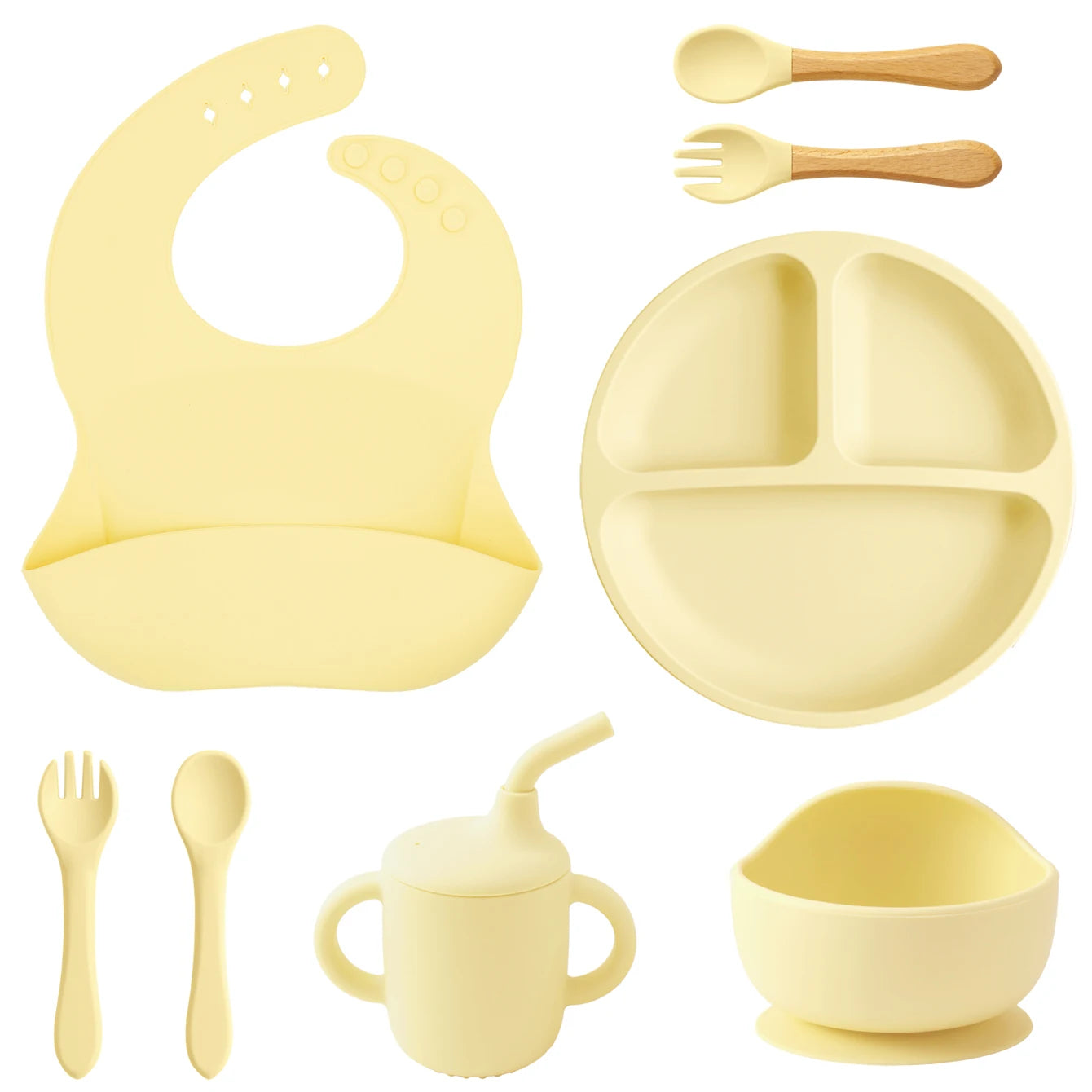 Kit Alimentação Infantil em Silicone – Prato com Ventosa, Copo com Canudo e Talheres Dobráveis para Bebês