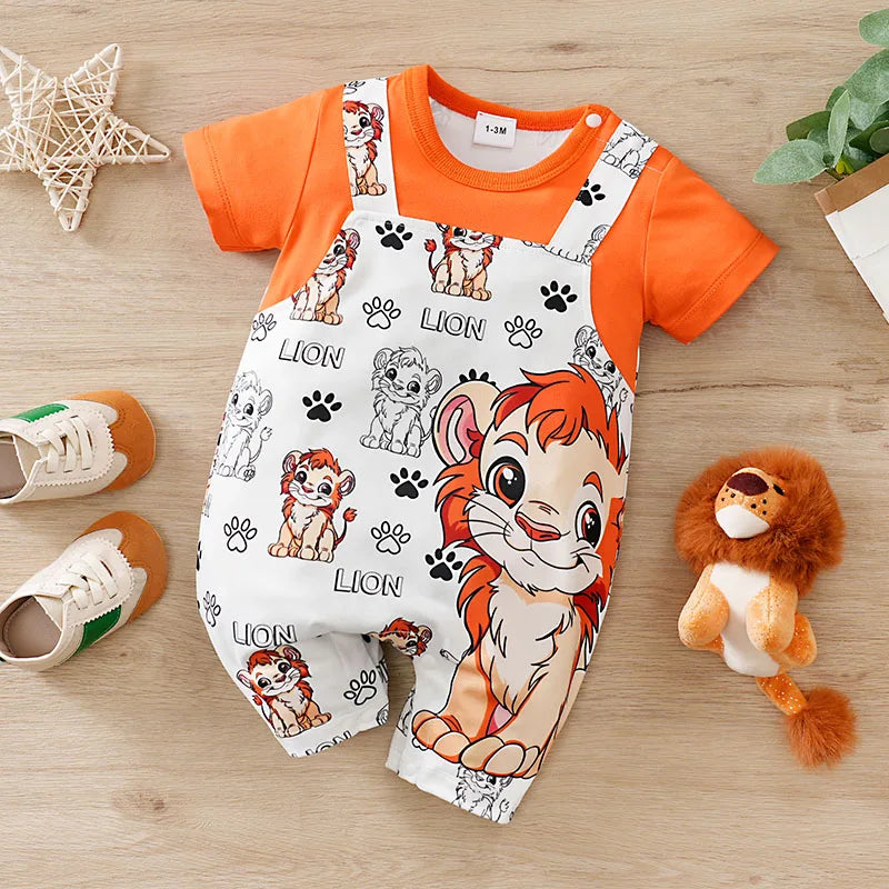 Macacão de bebê para meninos e meninas de 0-18 meses, manga curta, estampa fofa de leão. Com design simulando duas peças, roupas de bebê.