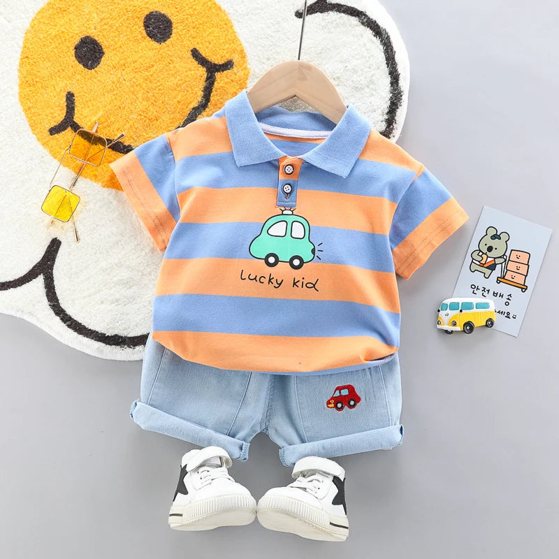 Conjunto Infantil Masculino Casual – Camisa Polo Elegante e Shorts Jeans para Meninos
