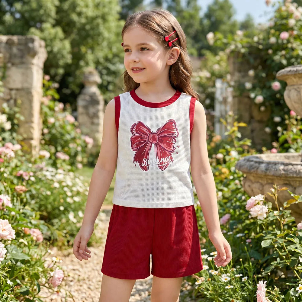 Conjuntos de Roupas de Verão 2026 para Meninas com Novo Laço Estampado. Colete e Shorts Infantil 2 Peças. Conjunto Infantil para Crianças Respiráveis 1-12 anos.