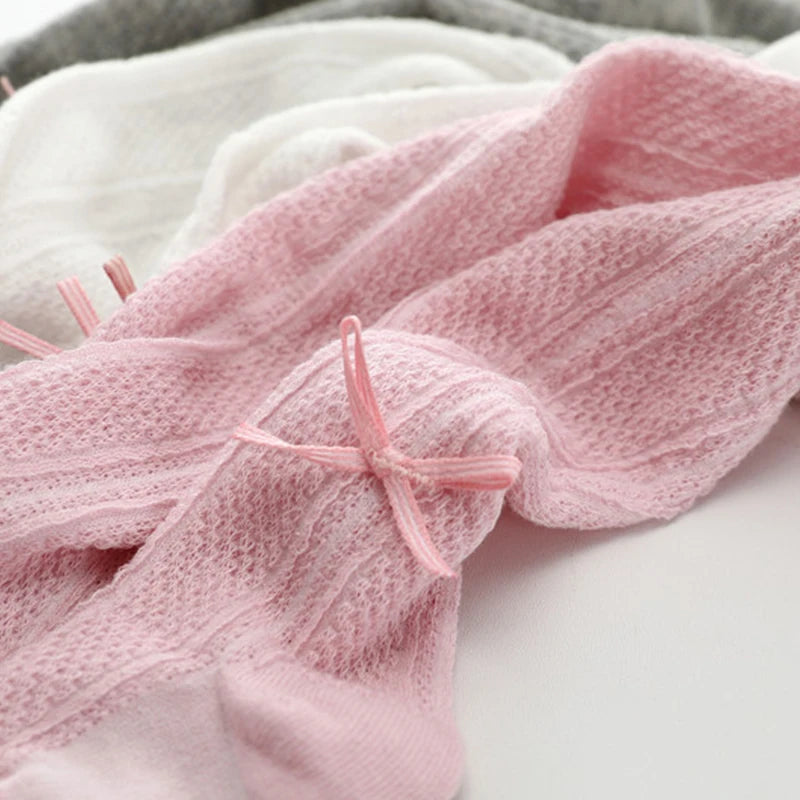 Meia-calça de verão para bebê com laço, malha fina, para meninas pequenas, cor sólida, meias de algodão macio para crianças.