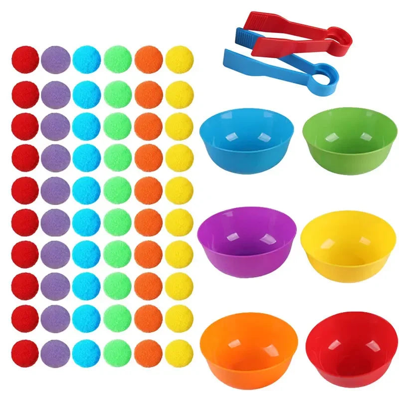Kit Sensorial Infantil com Pompons Arco-Íris – Brinquedo Educativo para Contar, Separar Cores e Desenvolver a Coordenação Motora