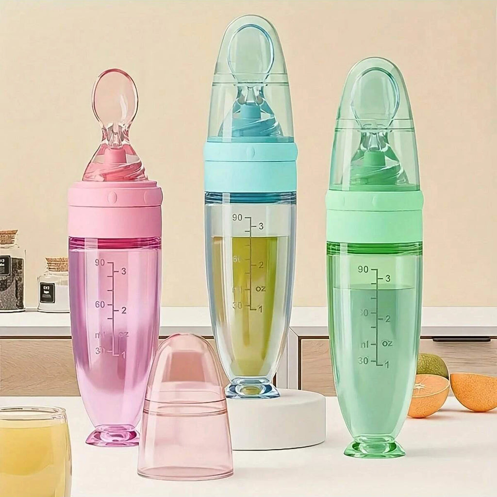 Nova Mamadeira de Silicone Colorida 90ml/3OZ com Colher Macia. Ventosa e Tampa Protetora. Mamadeira Portátil de Alimentação por Aperto.