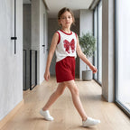 Conjuntos de Roupas de Verão 2026 para Meninas com Novo Laço Estampado. Colete e Shorts Infantil 2 Peças. Conjunto Infantil para Crianças Respiráveis 1-12 anos.
