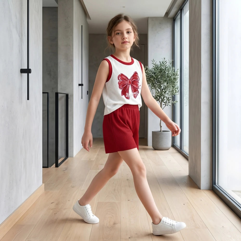Conjuntos de Roupas de Verão 2026 para Meninas com Novo Laço Estampado. Colete e Shorts Infantil 2 Peças. Conjunto Infantil para Crianças Respiráveis 1-12 anos.