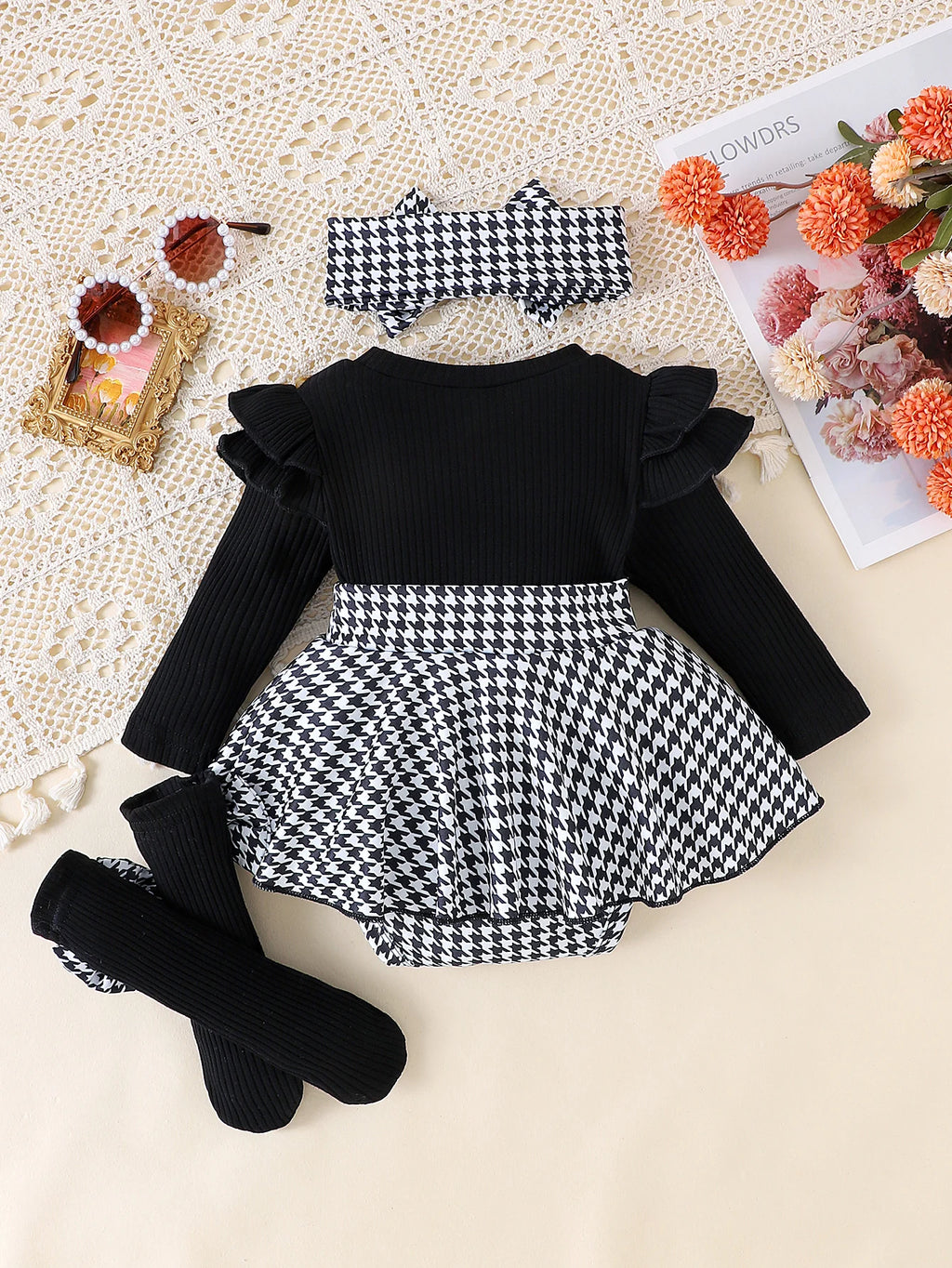Top Preto Confortável + Saia Xadrez Pied-de-Poule + Faixa de Cabelo. Bebês Meninas de 0-1 ano. 2PÇ Outono.