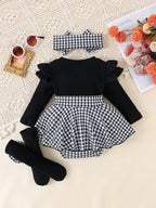 Top Preto Confortável + Saia Xadrez Pied-de-Poule + Faixa de Cabelo. Bebês Meninas de 0-1 ano. 2PÇ Outono.