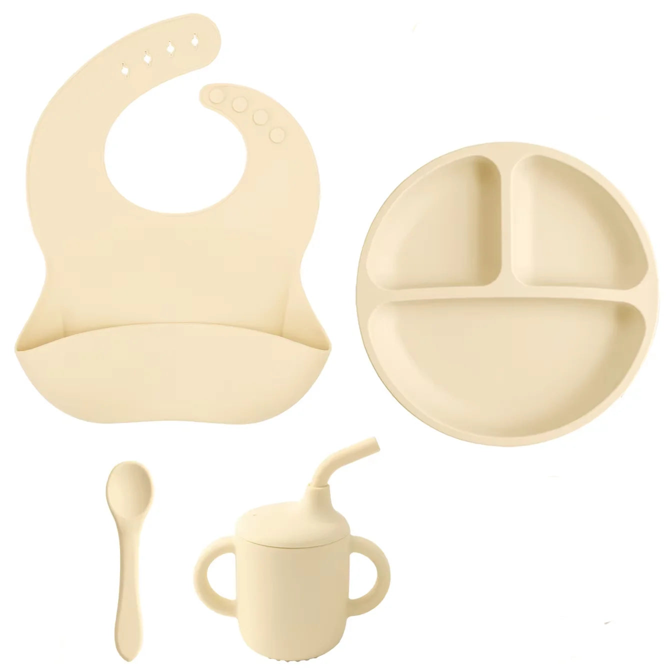 Kit Alimentação Infantil em Silicone – Prato com Ventosa, Copo com Canudo e Talheres Dobráveis para Bebês