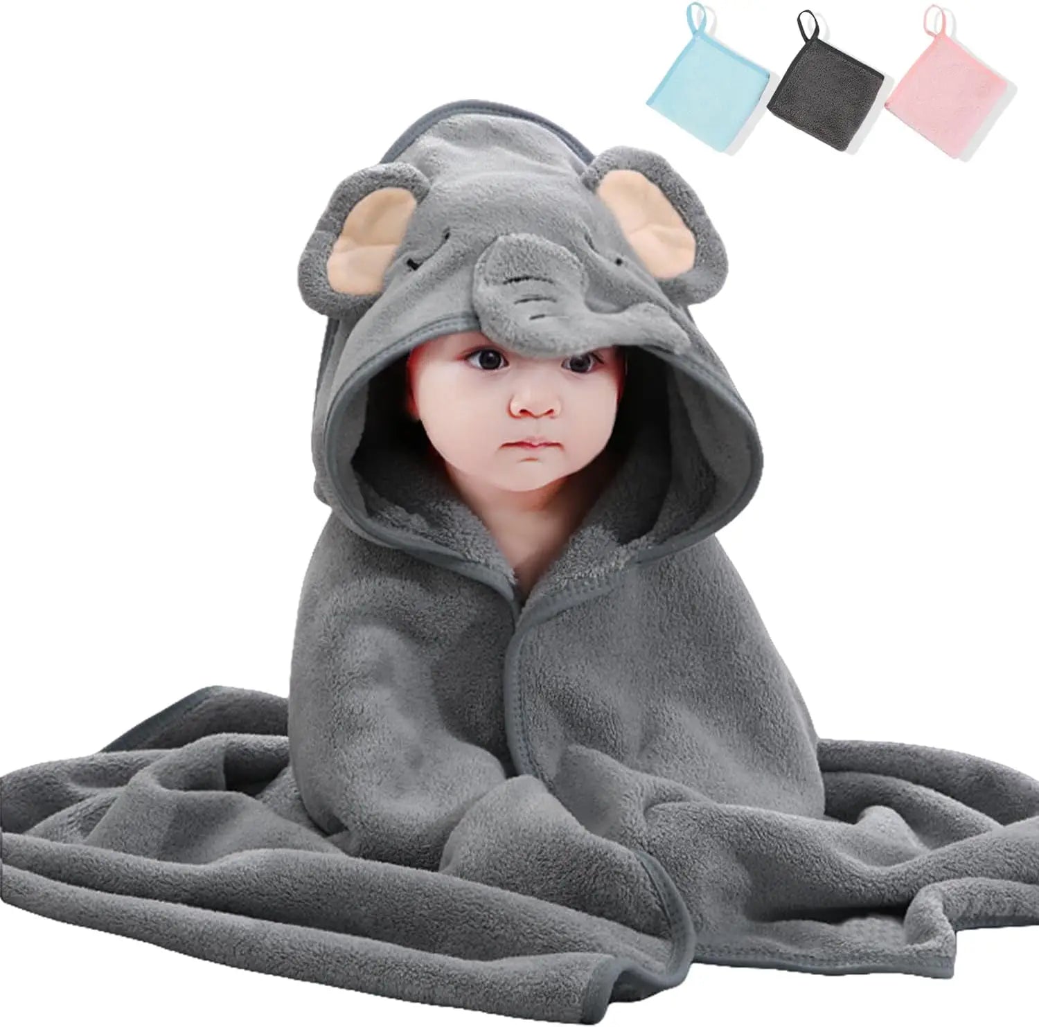 Toalha com Capuz para Bebê 31x31 pol. - Conjunto de Banho em Algodão Orgânico, Secagem Rápida e Absorvente com Design de Animais (Presente de Chá de Bebê, Conjunto com 1 Peça)