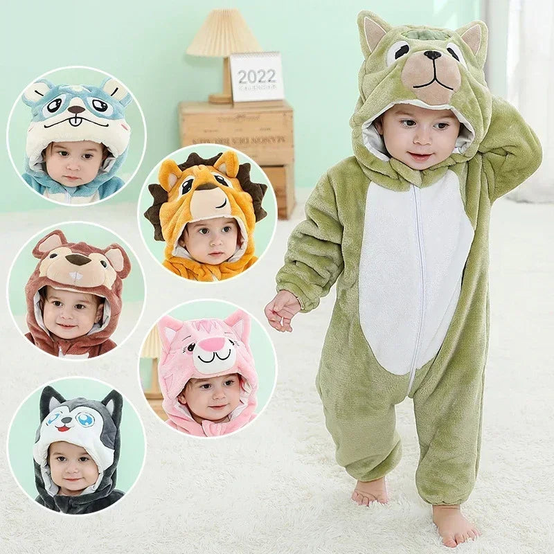 Macacão de Bebê (Inverno ) em Flanela para Menina e Menino. Macacão Infantil com Animais: Panda, Tigre, Leão, Unicórnio, Roupas de Bebê.