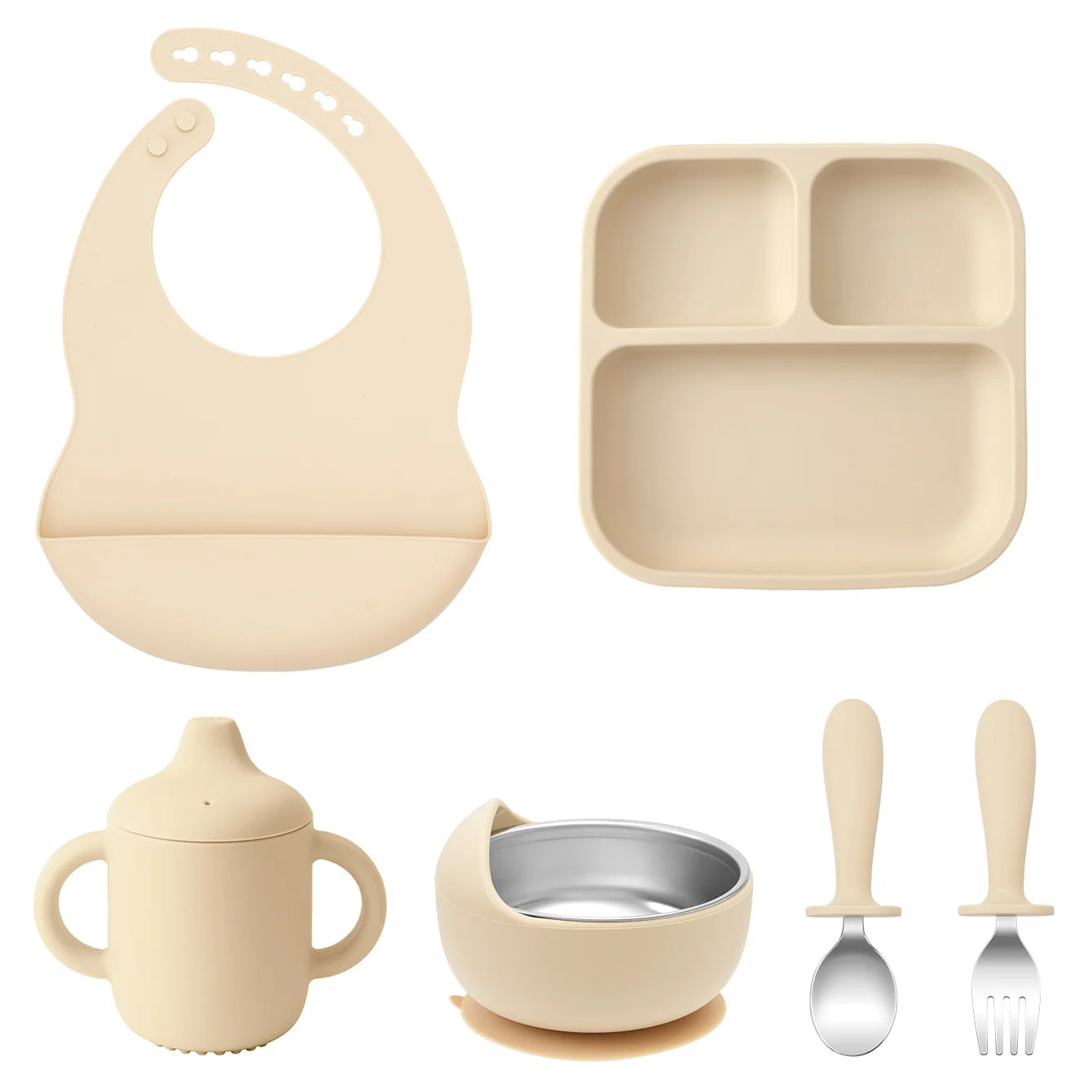 Kit Alimentação Infantil em Silicone – Prato com Ventosa, Copo com Canudo e Talheres Dobráveis para Bebês