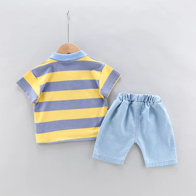 Conjunto de 2 peças para crianças: Camisa Polo de Alta Qualidade para meninos + Bonito Shorts Jeans, roupas infantis.