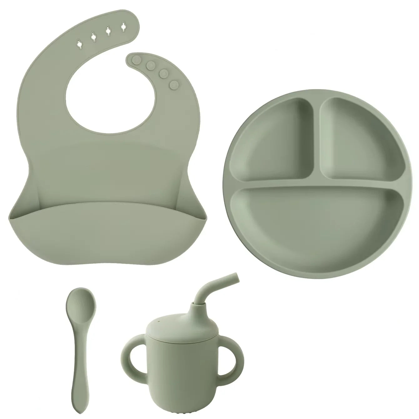 Kit Alimentação Infantil em Silicone – Prato com Ventosa, Copo com Canudo e Talheres Dobráveis para Bebês