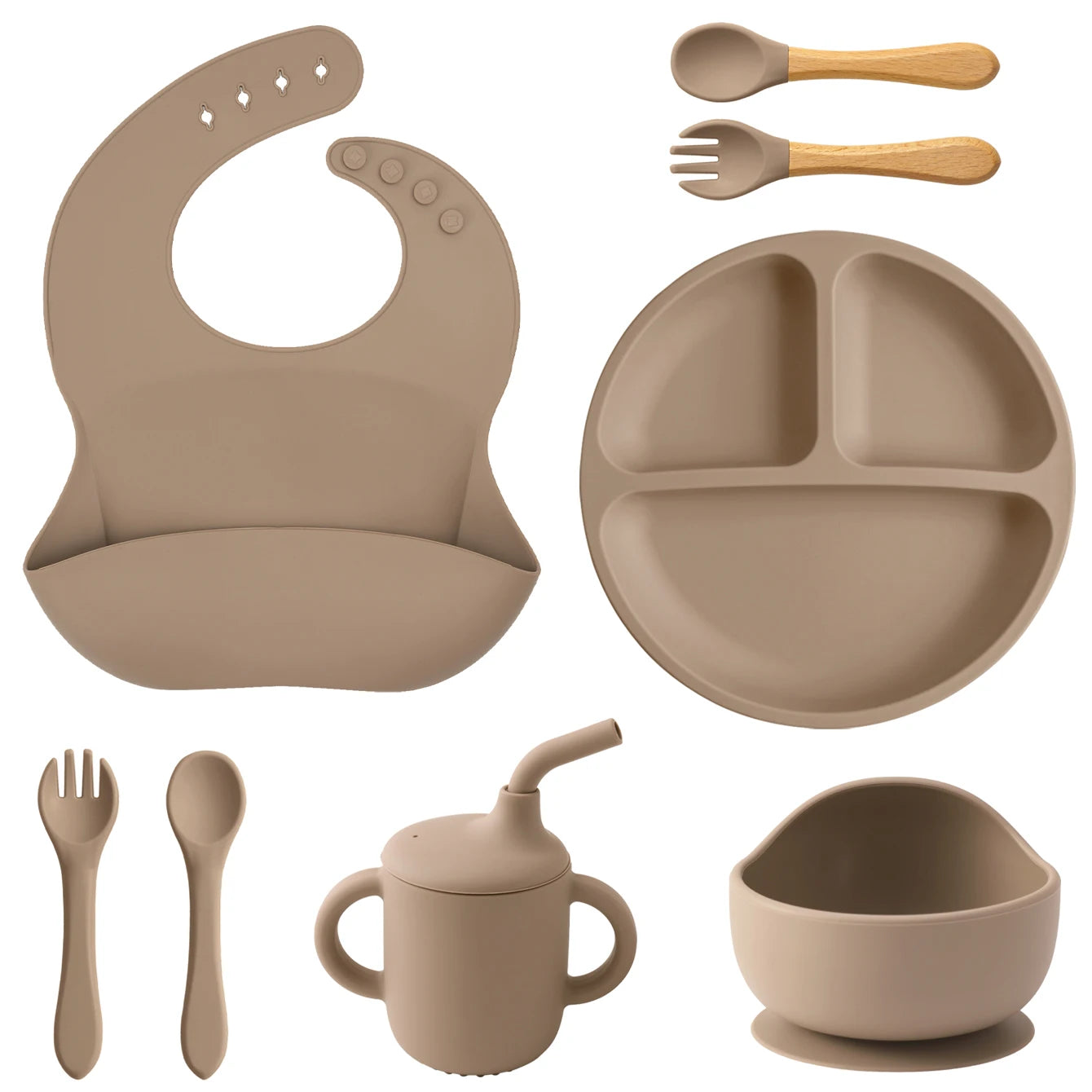 Kit Alimentação Infantil em Silicone – Prato com Ventosa, Copo com Canudo e Talheres Dobráveis para Bebês