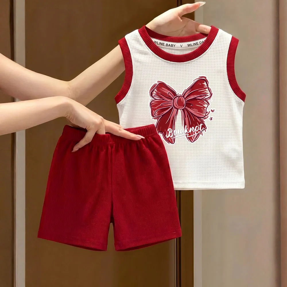 Conjunto Infantil para Meninas – Colete com Estampa e Laço + Shorts, Conjunto 2 Peças para Verão