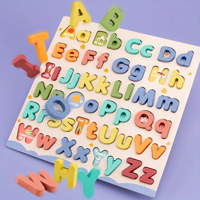 Quebra-cabeça educativo de madeira com letras maiúsculas e minúsculas do alfabeto. Jogo em família, crianças e pré-escolares.
