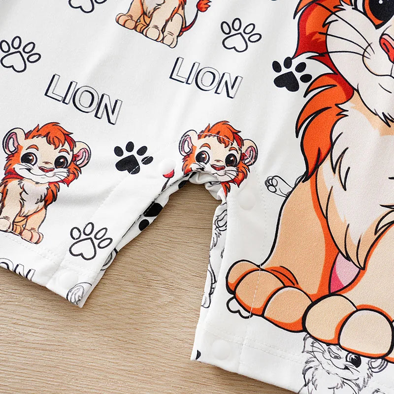 Macacão de bebê para meninos e meninas de 0-18 meses, manga curta, estampa fofa de leão. Com design simulando duas peças, roupas de bebê.