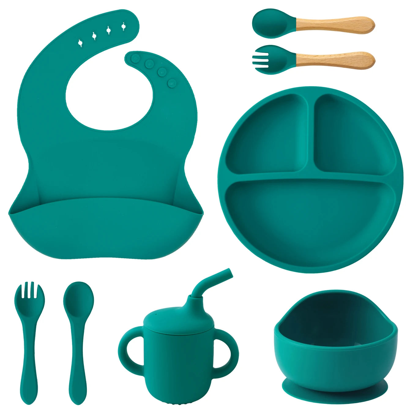Kit Alimentação Infantil em Silicone – Prato com Ventosa, Copo com Canudo e Talheres Dobráveis para Bebês