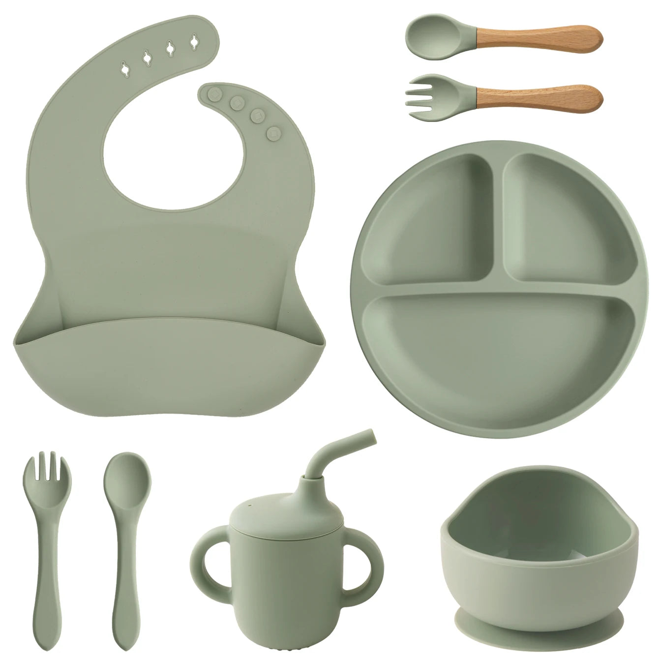 Kit Alimentação Infantil em Silicone – Prato com Ventosa, Copo com Canudo e Talheres Dobráveis para Bebês