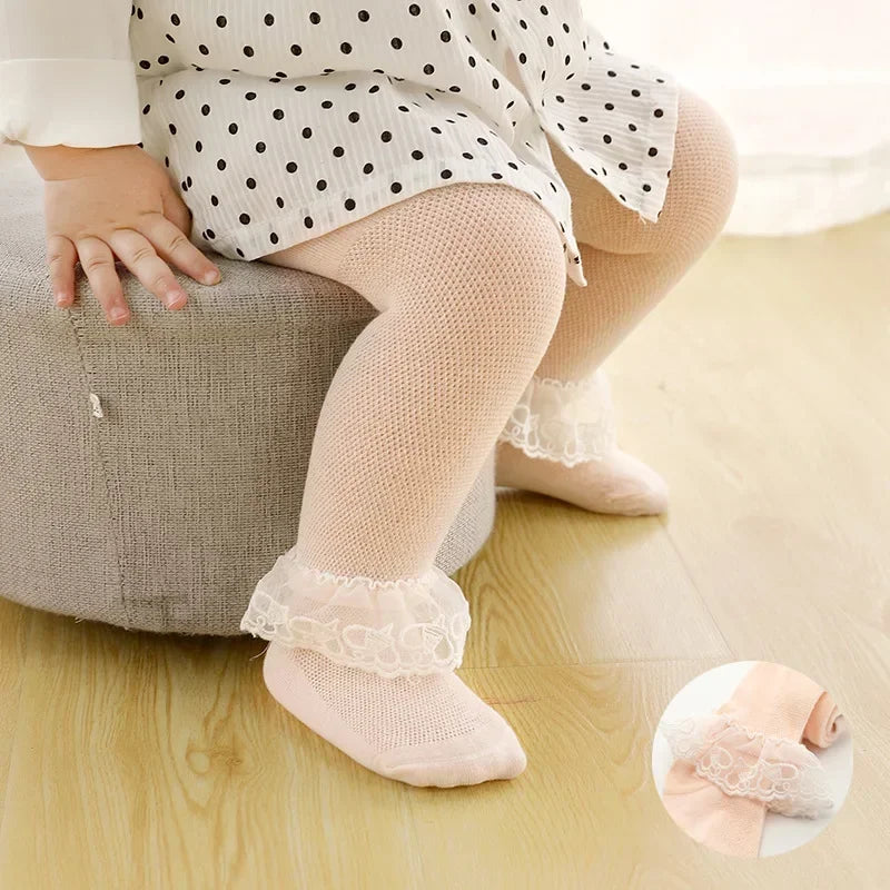 Meia-calça de bebê para meninas, com renda, laço e flor, meias finas para verão, primavera e outono, meias de malha para recém-nascidos e crianças pequenas.