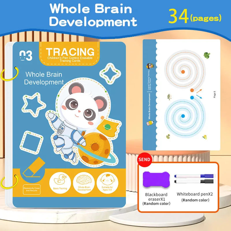 Caderno Mágico Reutilizável Infantil – Livro Educativo com 34 Páginas para Treinar Escrita e Desenho, com Caneta e Borracha