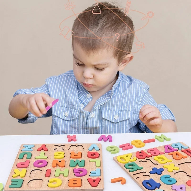 Quebra-cabeça de Madeira com Letras, Números e Formas para Bebês. Quebra-cabeça 3D. Brinquedos Educativos para Crianças.