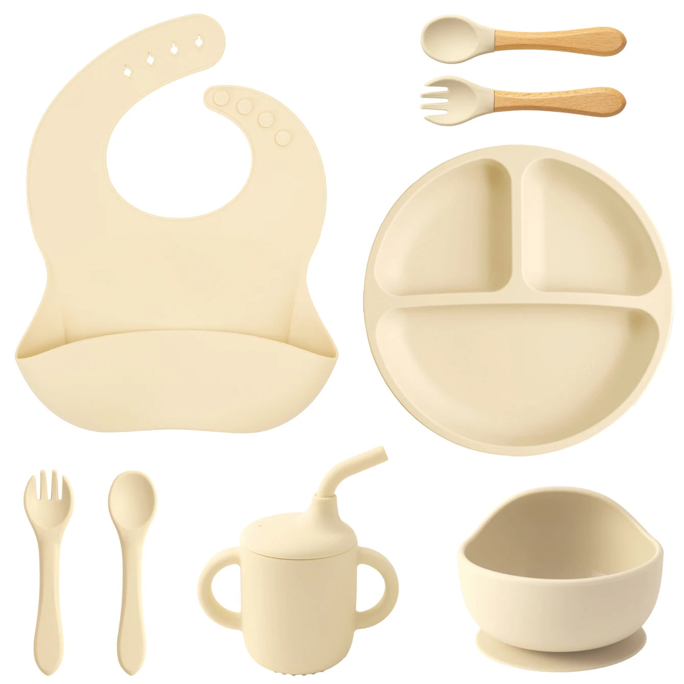 Kit Alimentação Infantil em Silicone – Prato com Ventosa, Copo com Canudo e Talheres Dobráveis para Bebês