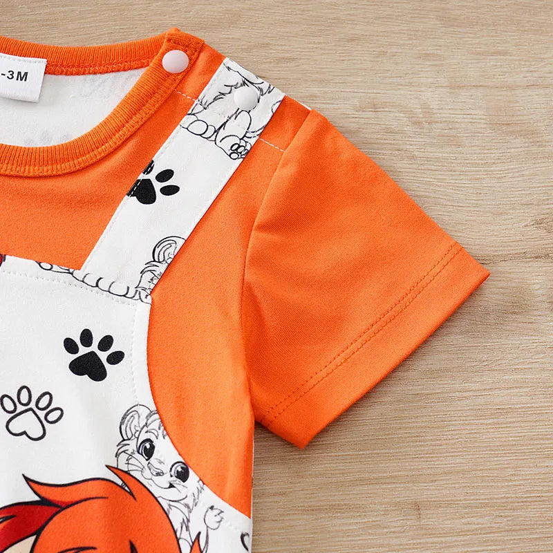 Macacão de bebê para meninos e meninas de 0-18 meses, manga curta, estampa fofa de leão. Com design simulando duas peças, roupas de bebê.