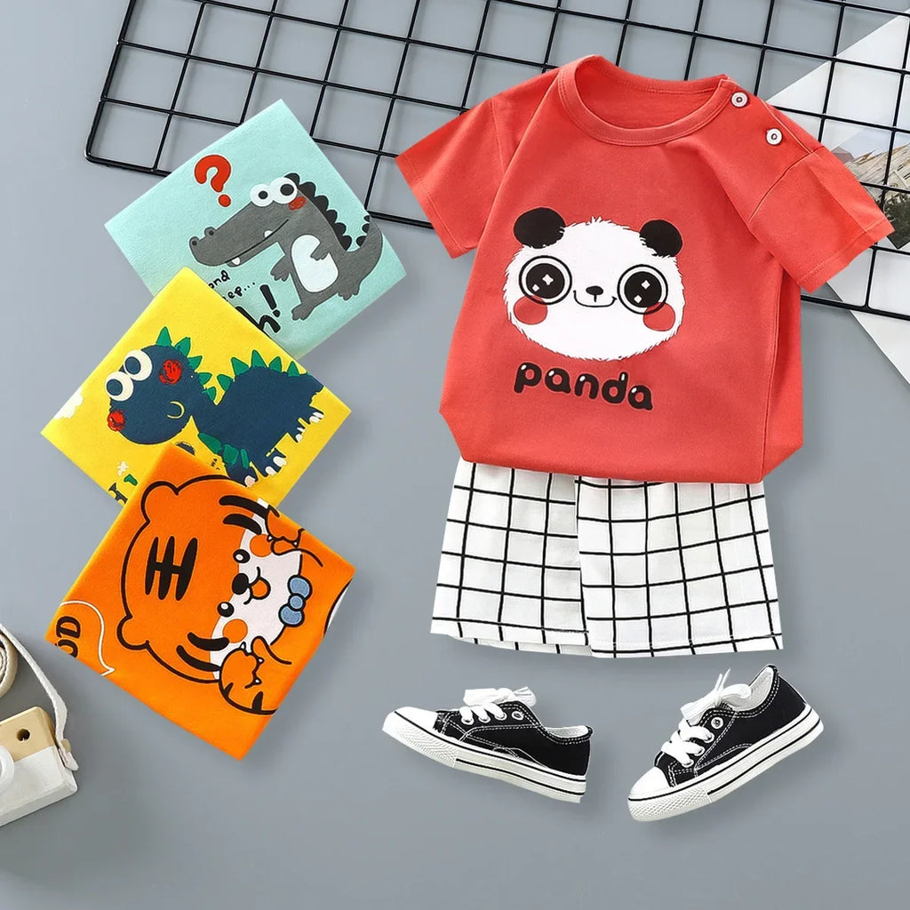 Conjunto de Verão para Meninas de 2 a 6 Anos. Camiseta de Algodão de Manga Curta e Shorts. Conjunto Infantil com Unicórnio e Girafa em Estilo Cartoon.