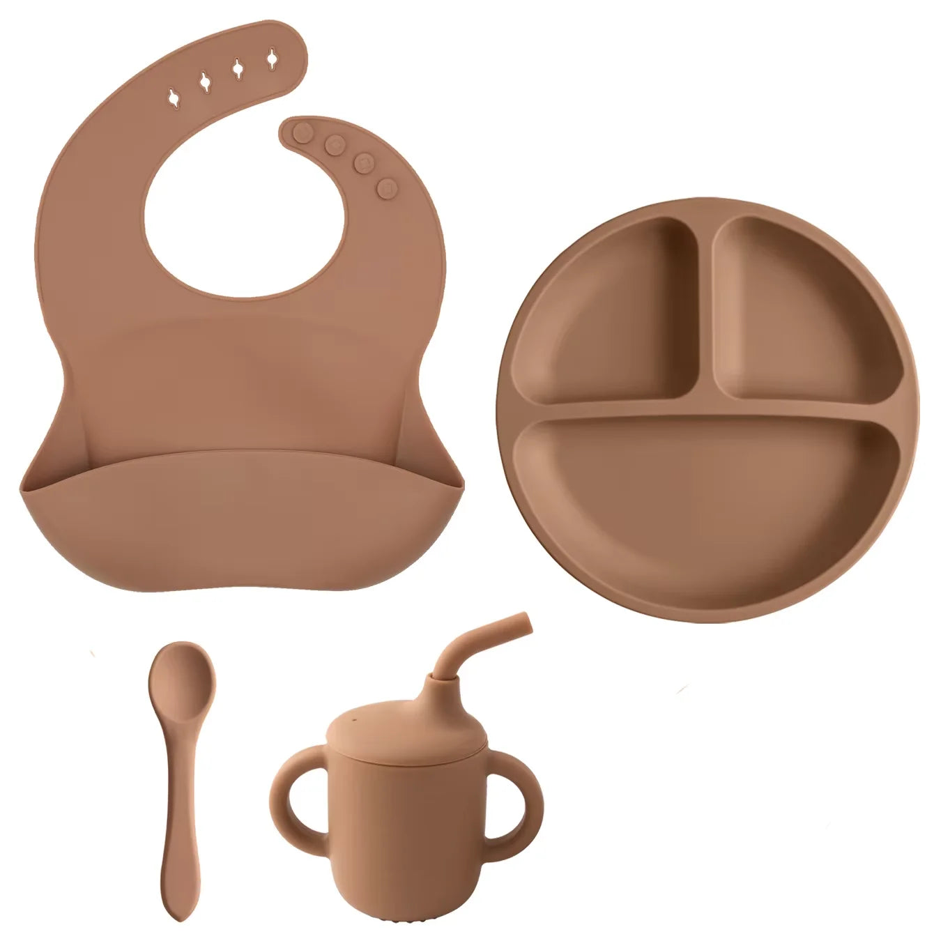 Kit Alimentação Infantil em Silicone – Prato com Ventosa, Copo com Canudo e Talheres Dobráveis para Bebês
