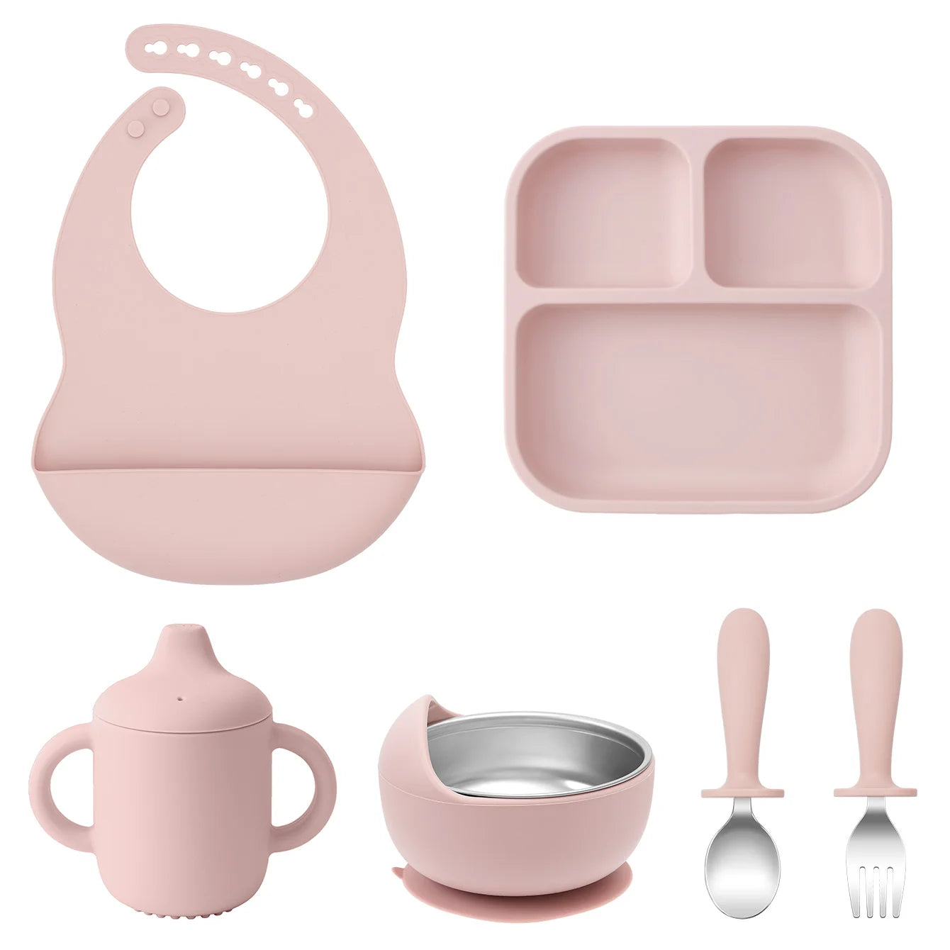 Kit Alimentação Infantil em Silicone – Prato com Ventosa, Copo com Canudo e Talheres Dobráveis para Bebês