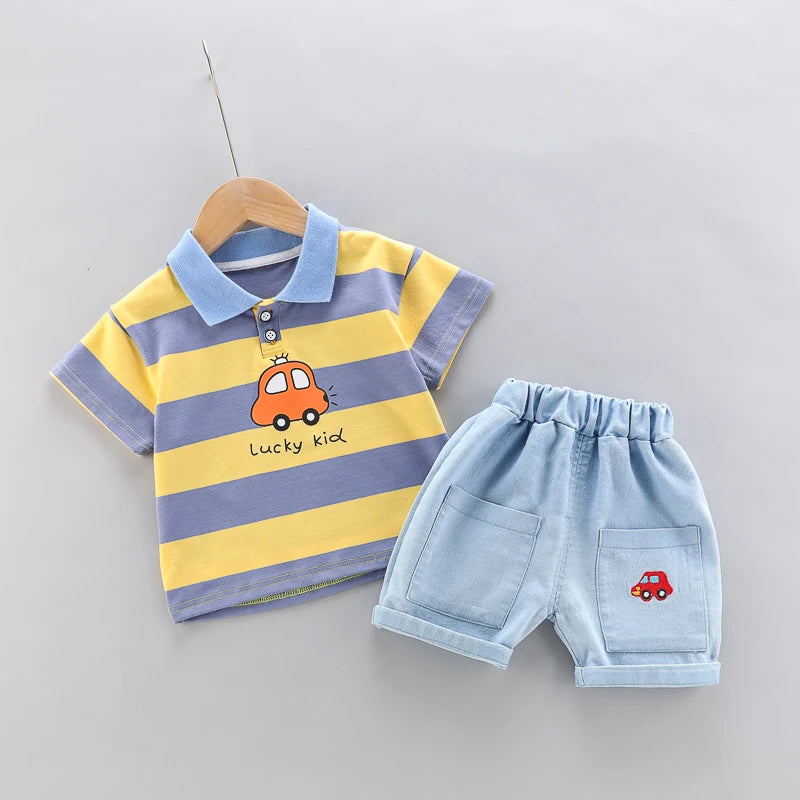 Conjunto de 2 peças para crianças: Camisa Polo de Alta Qualidade para meninos + Bonito Shorts Jeans, roupas infantis.
