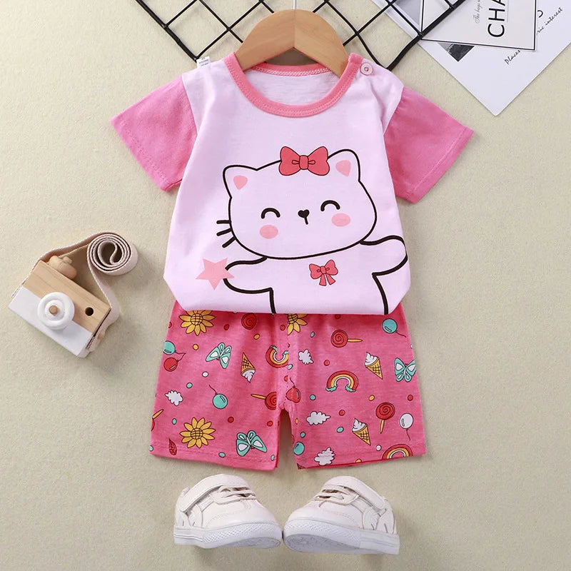 Conjunto  para Bebê Menina Camiseta de Manga Curta e Shorts. Roupas Infantis Idades 0-4 Anos.