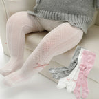 Meia-calça de verão para bebê com laço, malha fina, para meninas pequenas, cor sólida, meias de algodão macio para crianças.