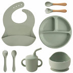 Kit Alimentação Infantil em Silicone – Prato com Ventosa, Copo com Canudo e Talheres Dobráveis para Bebês
