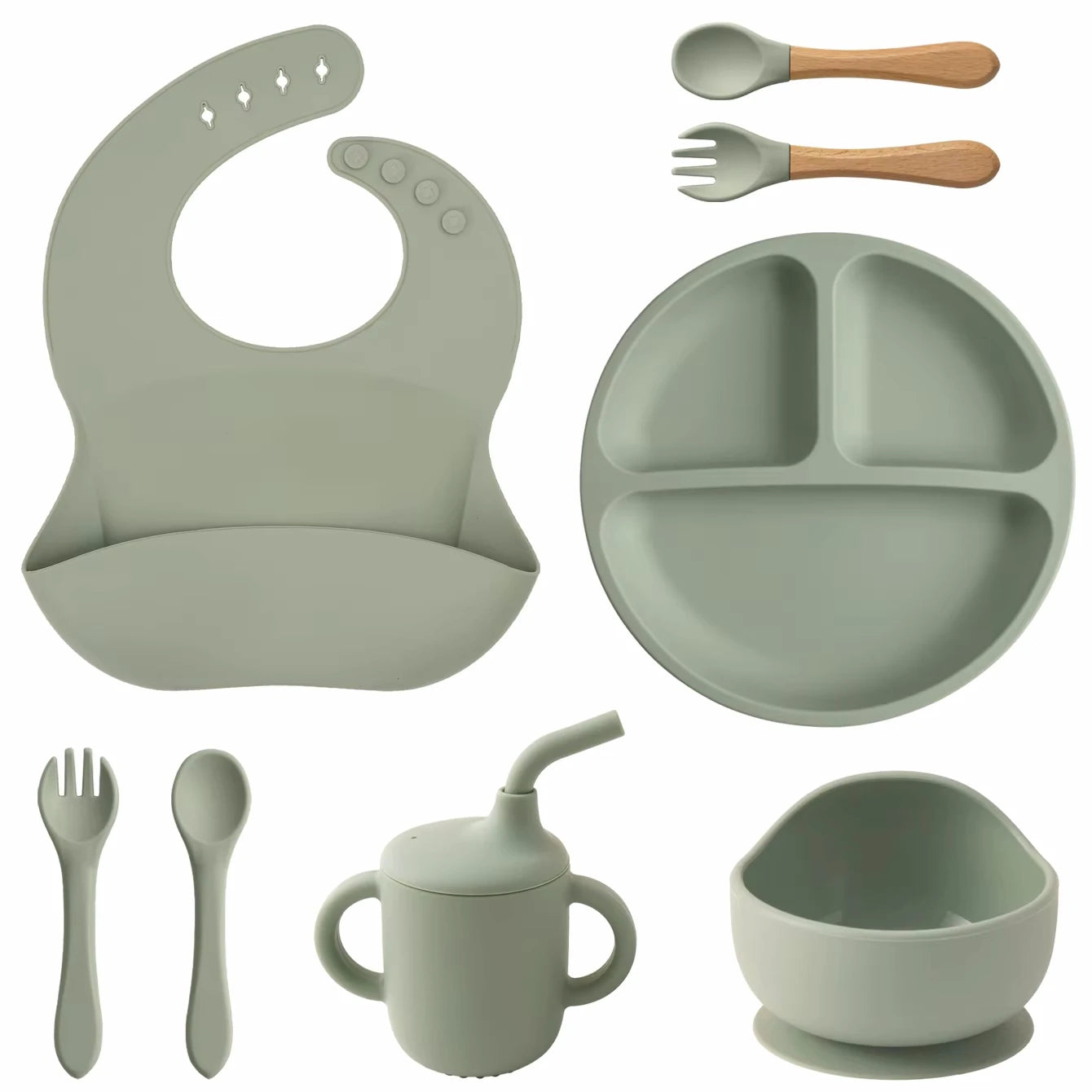 Kit Alimentação Infantil em Silicone – Prato com Ventosa, Copo com Canudo e Talheres Dobráveis para Bebês