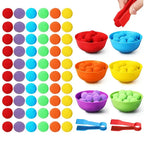 Pompons Cores do arco-íris Tigelas de plástico Pinças Habilidade motora fina. Crianças contando e organizando brinquedos. Brinquedos educativos para crianças.